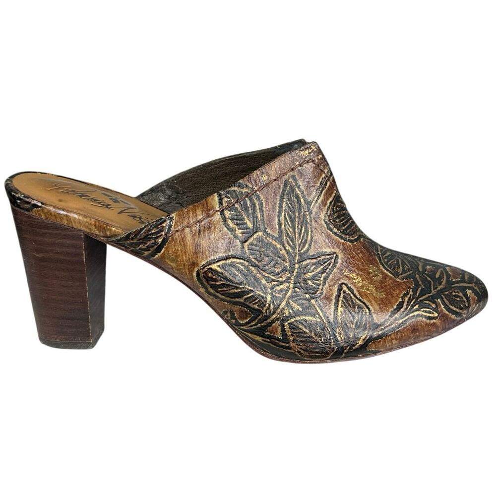Patricia Nash Women’s Ruffina Brown Tooled Leather Metallic Gold Mule Size 7.5